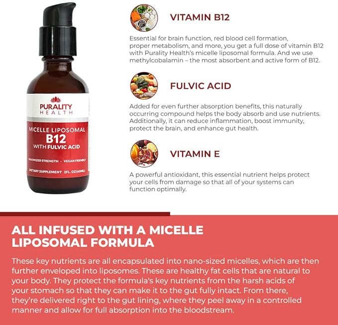 PURALITY HEALTH Micelle Liposomal Liquid Vitamin B12 with Fulvic Acid, 2500 mcg. Combined Methylcobalamin with Organic Glycerin Extract Maximum Absorption, Energy Boost, Vegan Friendly