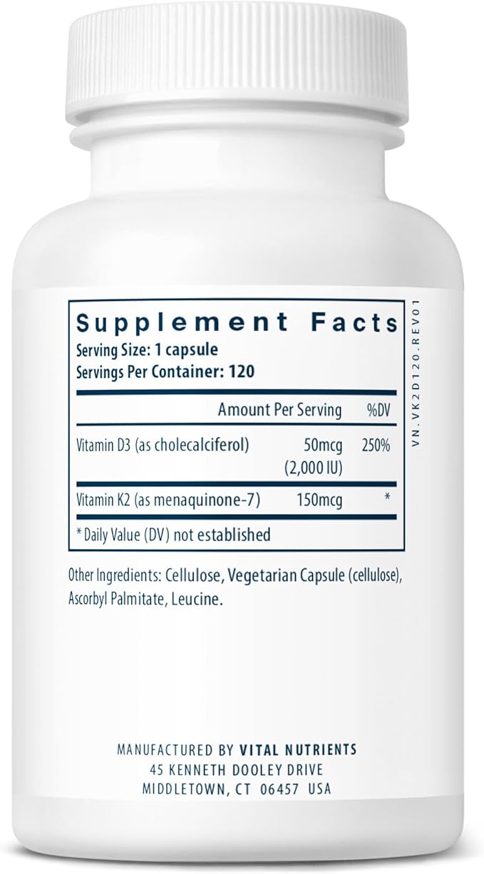 Vital Nutrients Vitamin D3 + K2 | 2000 IU | Vitamin D3 K2 Supplement | Vitamin D Complex for Healthy Calcium Levels, Muscle & Bone Health | Gluten, Dairy, Soy Free | 120 Capsules