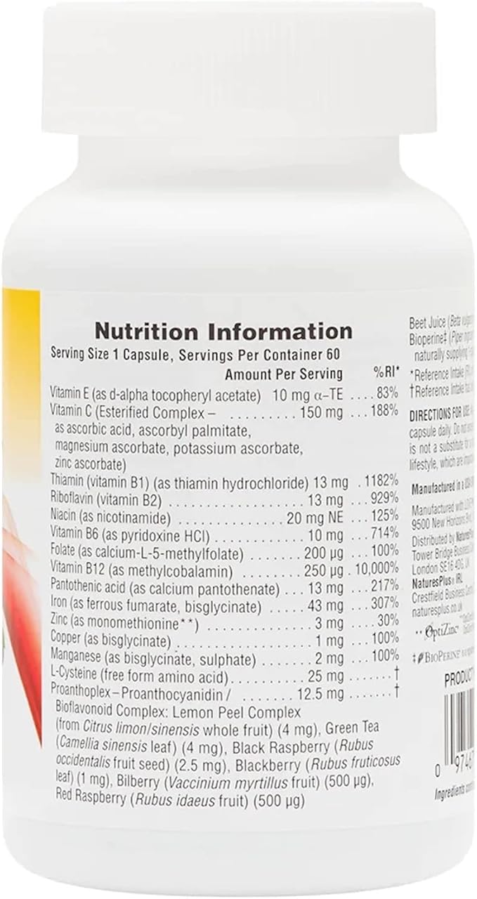 NaturesPlus Hema-Plex Iron - 60 Fast-Acting Capsules - 85 mg Chelated Iron - Total Blood Health - with Vitamin C & Bioflavonoids - Vegan, Gluten Free - 30 Servings