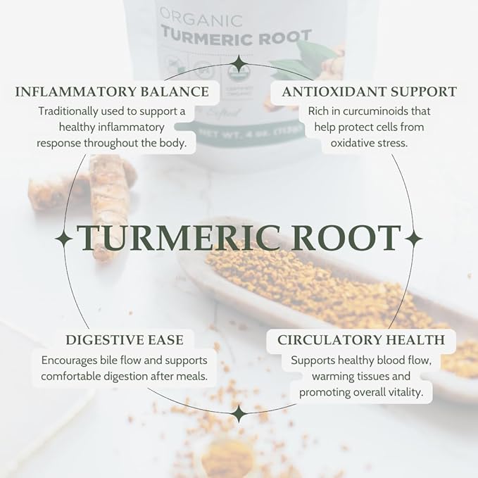 Organic Turmeric Root 4 oz (113g), USDA Certified Organic Dried Turmeric Root Herb Tea, Tumeric, Cut and Sifted