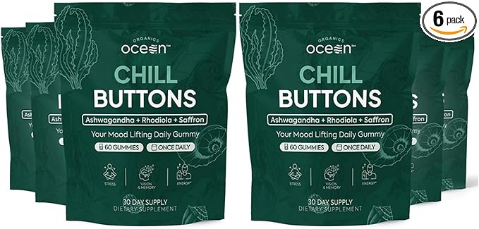 Organics Ocean Chill Buttons – Natural Ashwagandha Gummy Supplement with Organic KSM-66, Saffron & Rhodiola Rosea – Supports Relaxation, Mood, Focus & Energy - 6-Pack, 360 Count