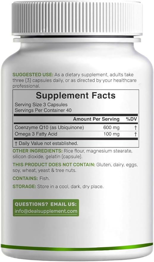 CoQ10 600mg, 120 Capsules – with Omega 3 Fatty Acid 100mg – Max Strength – Bioavailable Coenzyme Q10 Supplements – Heart, Energy, & Brain Health Antioxidant Support – Non-GMO