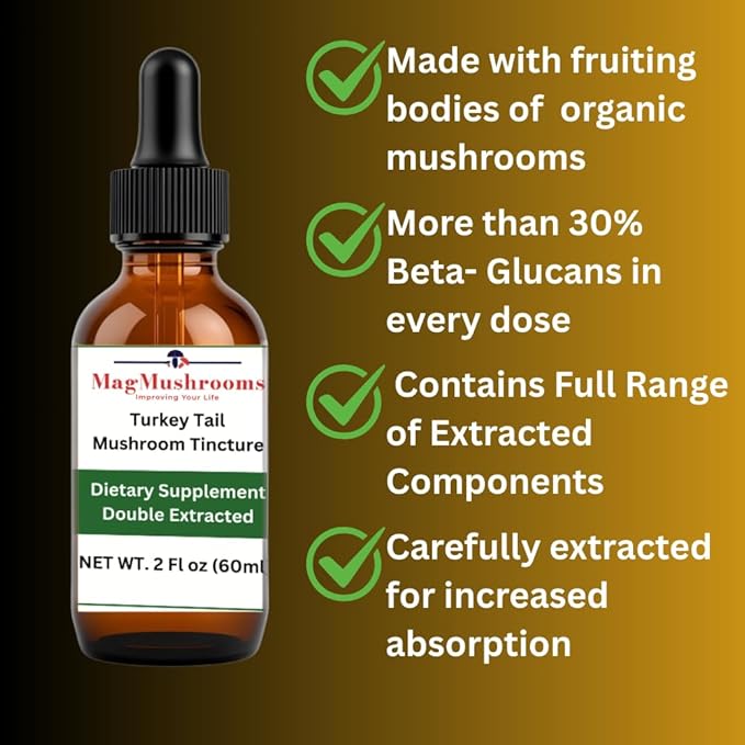 Turkey Tail Mushroom Liquid Extract Tincture, Daily Supplement, Double Extracted for High Potency, 2 Fl oz, 60 doses