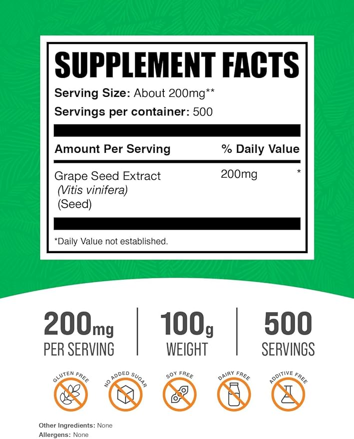 BulkSupplements.com Grape Seed Extract Powder - Antioxidant Supplement, Herbal Supplement - Vegan & Gluten Free, 200mg per Serving, 100g (3.5 oz) (Pack of 1)
