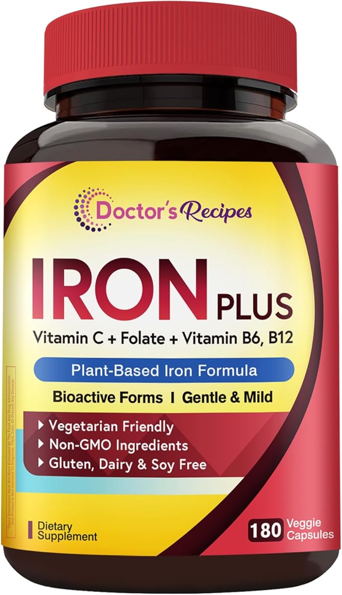 Doctor's Recipes Iron Supplement for Women Men - Gentle Iron Bisglycinate with Vitamin C, B6, Folate & B12, Stomach Friendly Iron Pills, 180 Vegan Caps