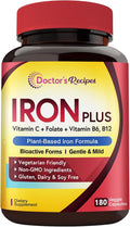 Doctor's Recipes Iron Supplement for Women Men - Gentle Iron Bisglycinate with Vitamin C, B6, Folate & B12, Stomach Friendly Iron Pills, 180 Vegan Caps