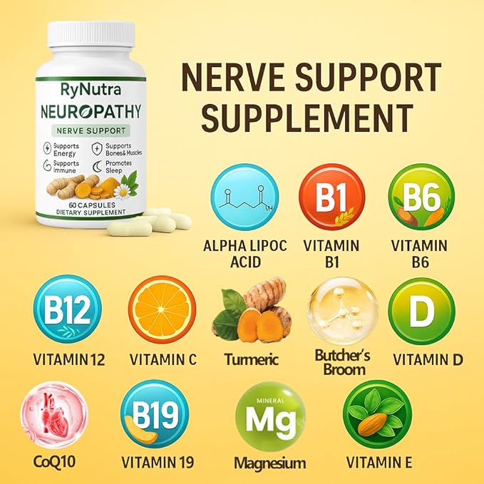 Rynutra Nerve Support Supplement, Capsules for Neuropathy with CoQ10, Turmeric, L-Carnitine, Butcher’s Broom, Alpha Lipoic Acid, Enhance Nerve Calming, Promote Overall Well-Being, 60 Capsules