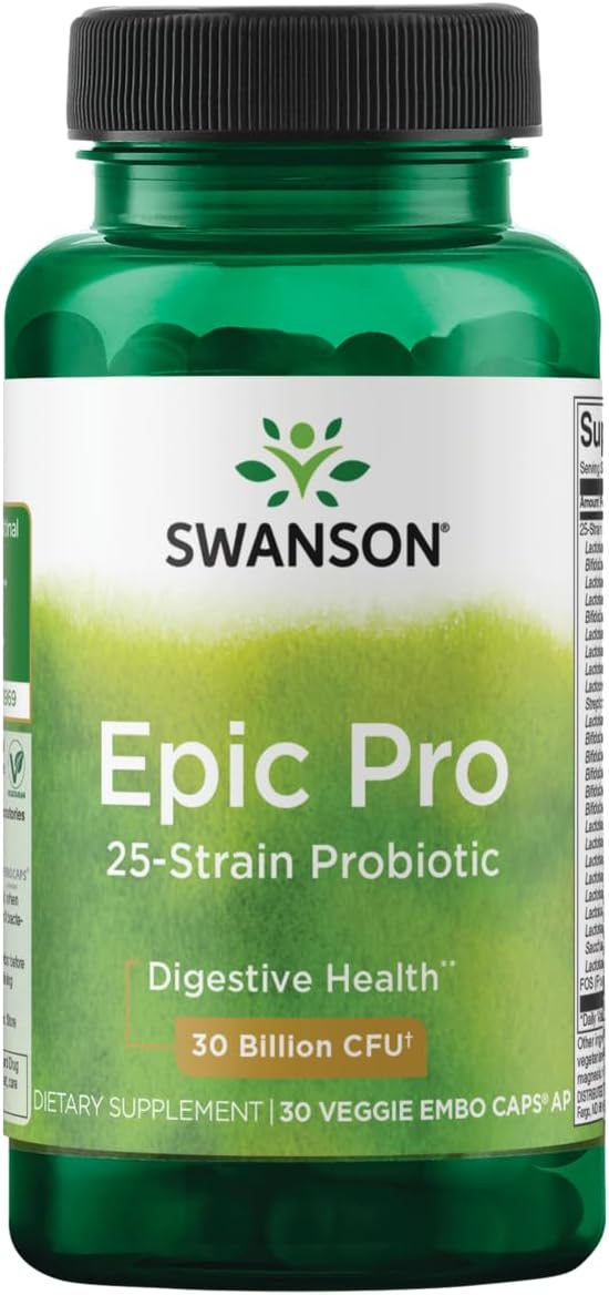 Swanson Epic-Pro 25-Strain Probiotic with Prebiotic FOS for Gut-Health-Conscious Adults Seeking Comprehensive Digestive and Immune Support - 30 Billion CFU (30 Vegan DRcaps, 2 Pack)