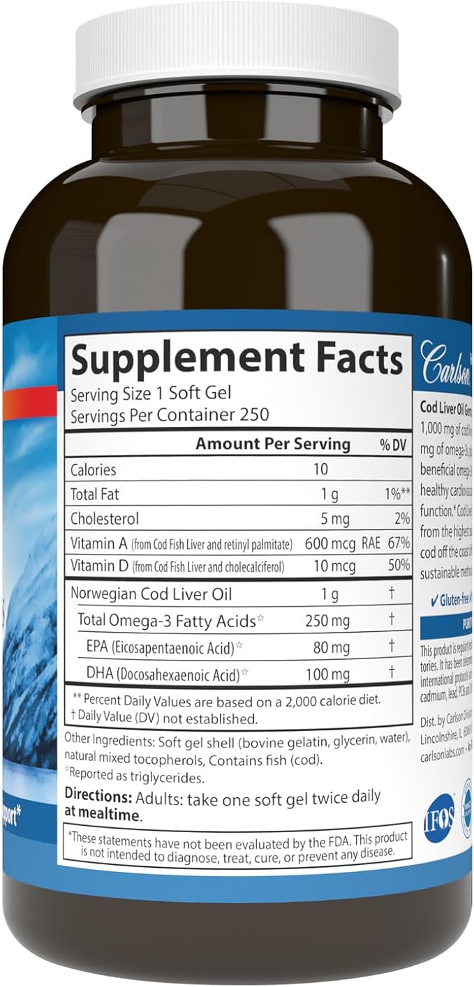 Carlson - Cod Liver Oil Gems, Super 1000 mg, 250 mg Omega-3s, 400 IU (10 mcg) Vitamin D3, Wild Caught Norwegian Arctic Cod Liver Oil, Capsules, 250 Softgels