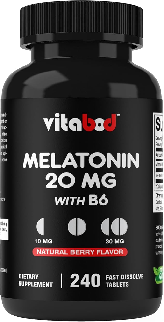 Vitabod Melatonin 20 mg - 240 Fast Dissolve Tablets - Drug Free - Natural Berry Flavor - Vegetarian, Non-GMO, Gluten Free 240 Count (Pack of 1) (240 Count (Pack of 1))