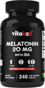 Vitabod Melatonin 20 mg - 240 Fast Dissolve Tablets - Drug Free - Natural Berry Flavor - Vegetarian, Non-GMO, Gluten Free 240 Count (Pack of 1) (240 Count (Pack of 1))