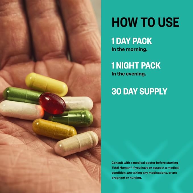 ONNIT Total Human Adult Multivitamin Comprehensive Capsule Packs with Day and Night Support, Daily Vitamin Packs for Men and Women, Dietary Supplement Capsules, 30-Day Supply, 60 Packs