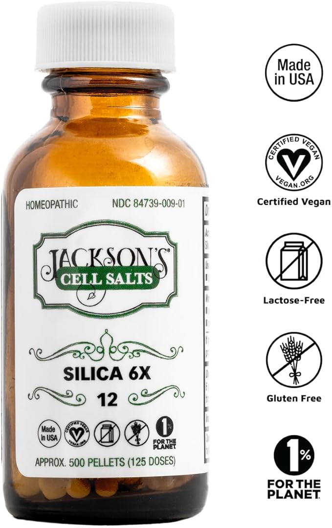 Jackson's #12 Cell Salt Silica 6X (500 Pellet Bottle) - Certified Vegan, Lactose-Free Schuessler Tissue Salt Silicea 6X (Made in the USA)