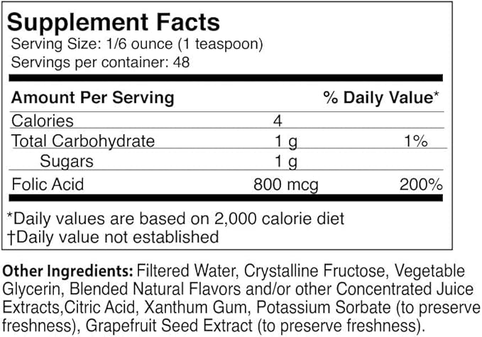 Life Solutions Liquid Folic Acid Supplement – 800 mcg Vitamin B9 per Serving – Berry Flavor, 8 fl oz – Fast Absorption, Prenatal, Heart & Brain Support