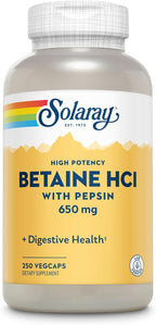 SOLARAY Betaine HCL with Pepsin - High Potency Hydrochloric Acid Formula - Digestive Health Supplement with Digestive Enzymes for Gut Health Support - 60-Day Guarantee, 250 Servings, 250 VegCaps