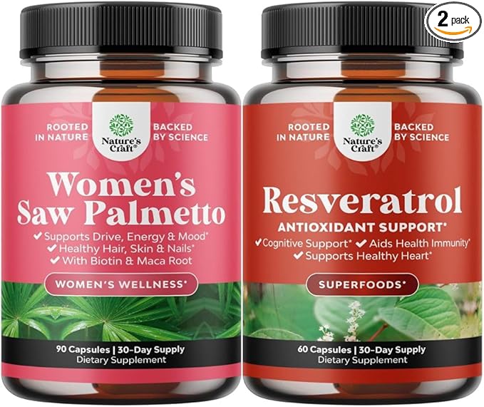 Bundle of Women's Saw Palmetto and Resveratrol Supplement - Saw Palmetto Extract Capsules with Maca Root & Biotin for Hair Loss and AMPK Metabolic Activator for Metabolism Boost & Cellular Efficiency