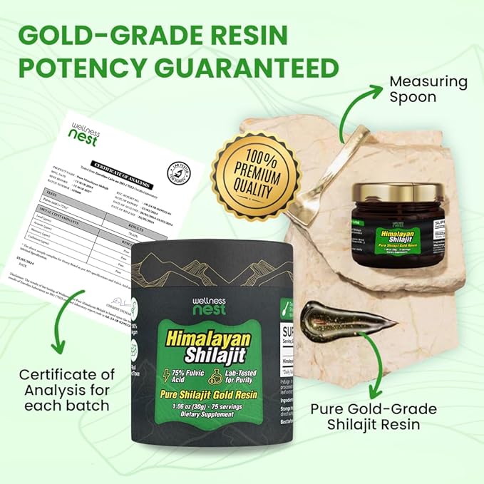 Wellness Nest Gold Grade Pure Himalayan Shilajit Resin: Ultimate Potency for Men & Women - 24k Gold, 75%+ Fulvic Acid, Lab Test Report Included - 30g (1 Pack), 75 Servings