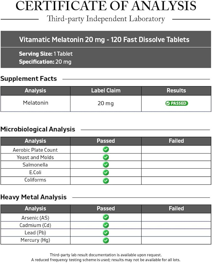 Vitamatic Melatonin 20 mg Tablets –Natural Berry Flavor – 120 Vegetarian Tablets per Bottle – 6 Bottles (Total 720)