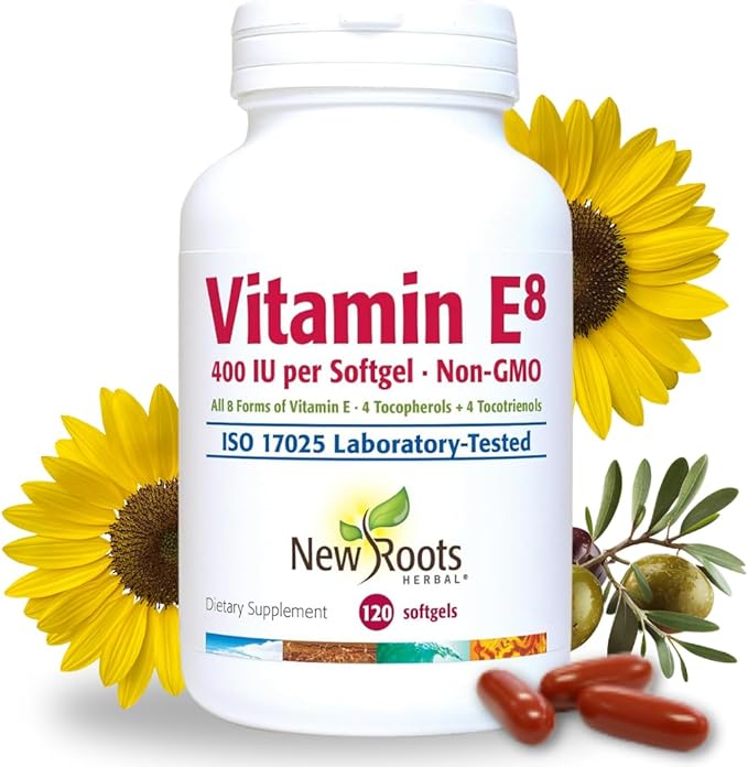 NEW ROOTS HERBAL Vitamin E 400 IU Capsules | Vitamin E8 Supplement (120 Softgels) with All 8 Types of Vitamin E | 4 Tocopherols & 4 Tocotrienols for Women & Men