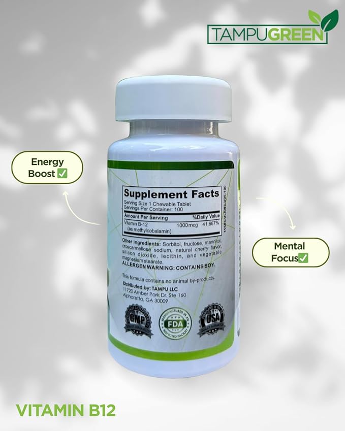 Vitamin B12 1000 mcg Energy, Nerve & Red Blood Cell Support Fast Dissolve Chewable Tablets Non-GMO Made in USA 100 Count