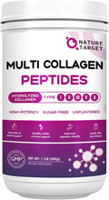 NATURE TARGET Multi Collagen Peptides Powder - Type I, II, III, V, X - Hydrolyzed Collagen Peptides with Vitamin C Hyaluronic Acid, Supports Skin Hair Nail & Joint, Grass-Fed, Non-GMO, 50 Servings