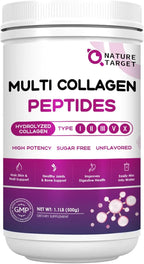 NATURE TARGET Multi Collagen Peptides Powder - Type I, II, III, V, X - Hydrolyzed Collagen Peptides with Vitamin C Hyaluronic Acid, Supports Skin Hair Nail & Joint, Grass-Fed, Non-GMO, 50 Servings