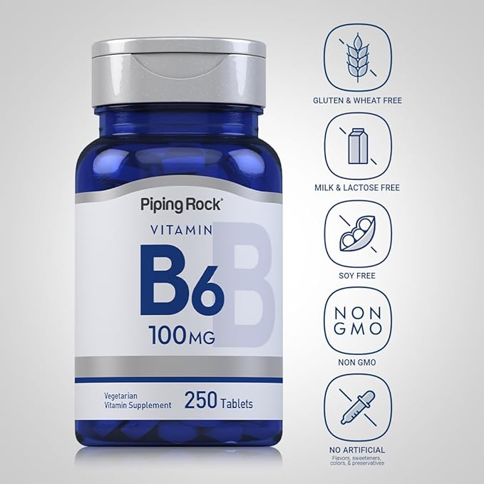 Piping Rock Vitamin B-6 100mg Supplement | 250 Tablets | as Pyridoxine Hydrochloride | Non-GMO & Vegeterian Formula
