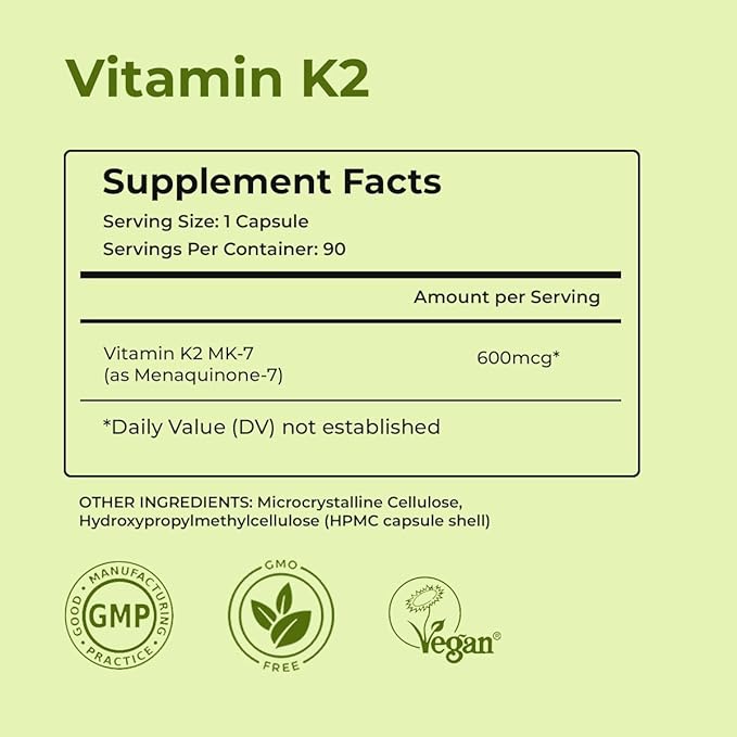 NutriZing K2 Vitamin Supplement MK-7 - High Strength 600mcg - Supports Bone & Arterial Health - 90 Vegan Capsules - Vitamin K2 for Men & Women - 3 Month Supply