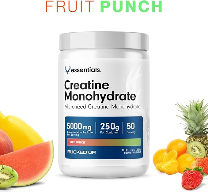 Bucked Up Fruit Punch Creatine for Women and Men - Easy to Mix Vegetarian - Flavored Creatine Monohydrate Powder - Made in USA - 5G Per Serving - 50 Servings - 250 Grams Per Container