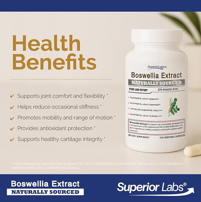 Superior Labs Boswellia Serrata Extract 500mg – 65% Boswellic Acids, Pure Non-GMO, Zero Fillers, Indian Frankincense, Supports Healthy Inflammatory Response & Joint Comfort – 240 Veg Caps