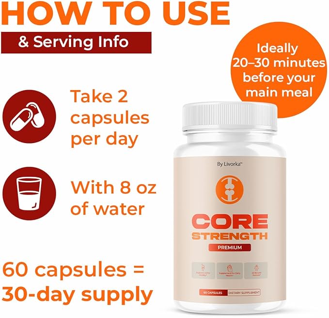 Core Strength - Official Core Strength Premium Capsules All Natural Ingredients Advanced Formula Daily Pills Overall Health & Wellness Support Vitamin Reviews, 60 Capsules for 1 Month