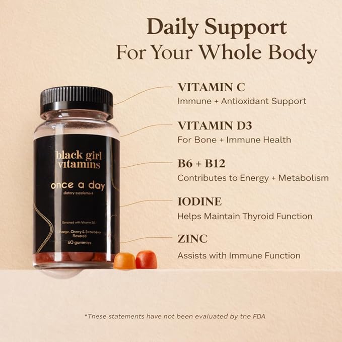 Black Girl Vitamins Once a Day - Womens Multivitamin Gummy - Vitamin A, B, C, E and Zinc. Multivitamin for Women, Immune Support. Vegan, Gluten-Free. Made in The USA (60 Day Supply, Strawberry)