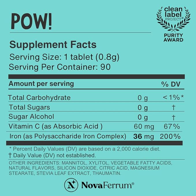 NovaFerrum Pow | Chewable Iron Supplement for Kids & Adults Ages 12 and Over | Anemia | 36mg of Iron | 90 Servings | Sugar Free