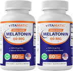 Vitamatic Melatonin 60 mg Fast Dissolve Tablets - 60 Vegan Natural Berry Flavor Tablets - Non-Habit Forming - Non-GMO, Gluten Free (2 Bottles)