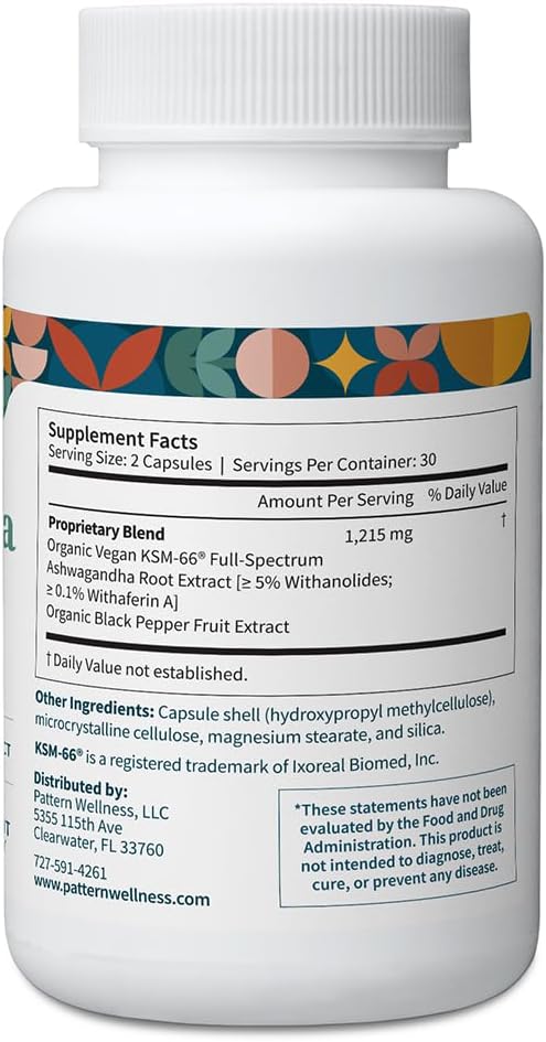 Pattern Wellness Ashwagandha Complex for Men & Women – Organic KSM-66® & Black Pepper Extract – Supports Stress Response & Energy Balance – Non-GMO – 120 Vegan Capsules