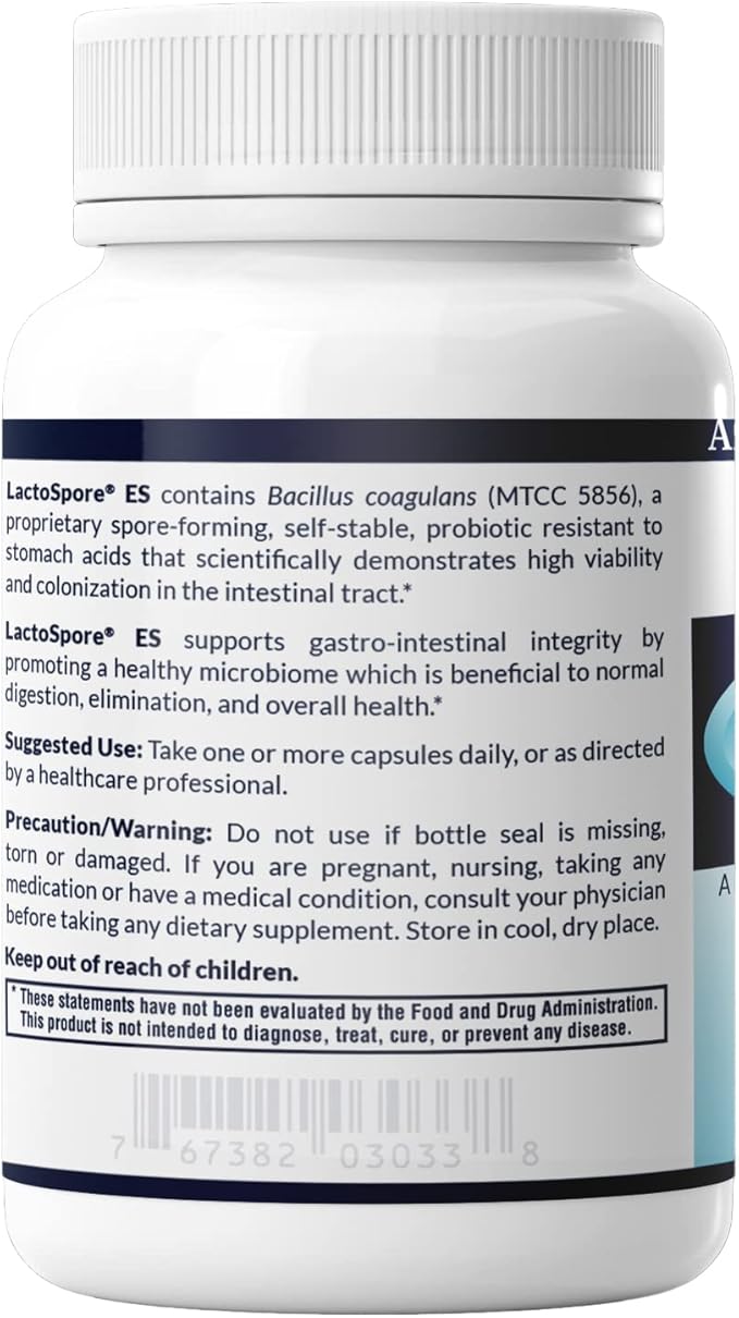 AFI LactoSpore® ES Spore Probiotic | 5B CFU Heyndrickxia Coagulans | Supports Gut, Digestive, Immune & Vaginal Health | Positive Mood Balance I Dairy, Gluten & Soy Free | Made in USA - 60 Capsules