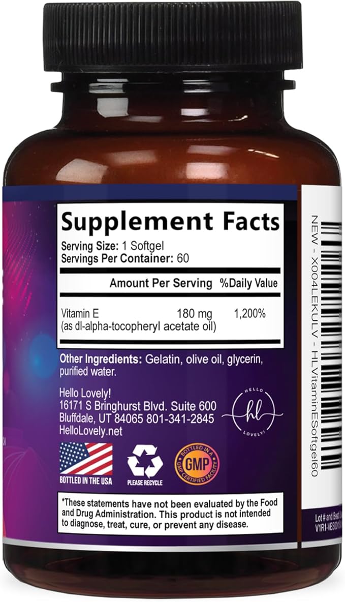 Vitamin E - 180 mg per Serving - Powerful Hair & Skin Support Supplement - dl-Alpha VitaminE Immune Health Support with Antioxidants - Easily Absorbed GMO & Gluten Free, Bottled in USA - 60 Softgels