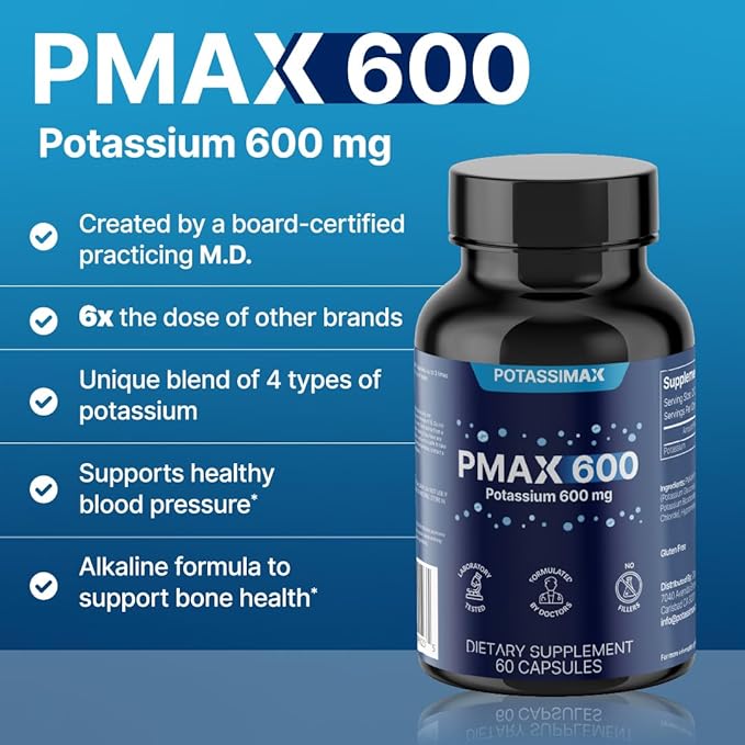 PMAX600 High Dose Pure Potassium Electrolyte Supplement 600mg Capsules 4-Type Potassium Blend-Citrate, Gluconate, Bicarbonate,Chloride. Supports Healthy Blood Pressure, Heart, Kidneys, Bones, Muscles