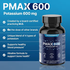 PMAX600 High Dose Pure Potassium Electrolyte Supplement 600mg Capsules 4-Type Potassium Blend-Citrate, Gluconate, Bicarbonate,Chloride. Supports Healthy Blood Pressure, Heart, Kidneys, Bones, Muscles