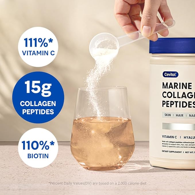 Marine Collagen Peptides - Hydrolyzed Ultra-fine Collagen Powder for Women & Men, Hyaluronic Acid, Biotin, Vitamin C, for Skin, Hair, Nails, Joints, Non-GMO, Unflavored, Easily Dissolved, 16oz