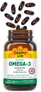 Country Life Omega-3 Fish Oil Supplement, 10000mg,180mg EPA & 120mg DHA, Fish Oil Concentrate, Burpless, 50 Softgels, Certified Gluten Free