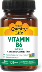 Country Life Vitamin B-6, Supports Energy and The Nervous System, 100mg, 100 Vegan Capsules, Certified Gluten Free, Vegan, Halal, Non-GMO Verified