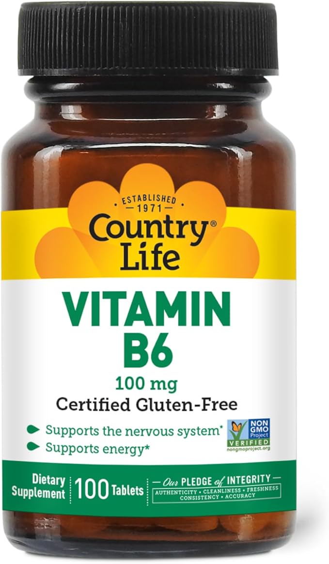 Country Life Vitamin B-6, Supports Energy and The Nervous System, 100mg, 100 Vegan Capsules, Certified Gluten Free, Vegan, Halal, Non-GMO Verified