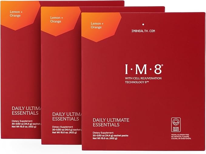 IM8 Daily Ultimate Essentials All-in-One Multivitamin Supplement, 92 Nutrient Rich Ingredients CoQ10, Probiotics, Vitamins, Greens, Gluten Free, Vegan (90 Packets, Lemon & Orange)
