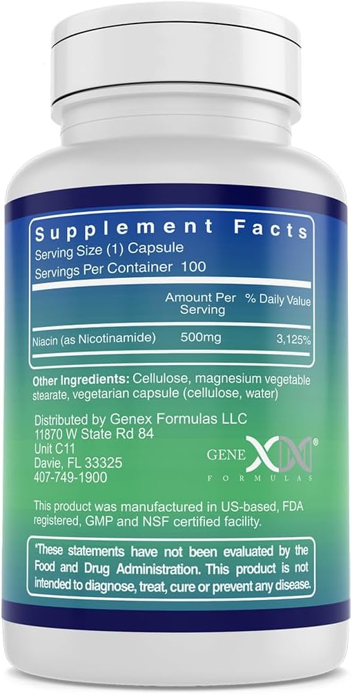 Genex Formulas - Nicotinamide 500mg Vitamin B3 Flush Free Niacin Capsules for Healthy Skin - Niacinamide Supplement Pills Help Produce Keratin & Support Skin Cell Health & Energy - (100 Capsules)