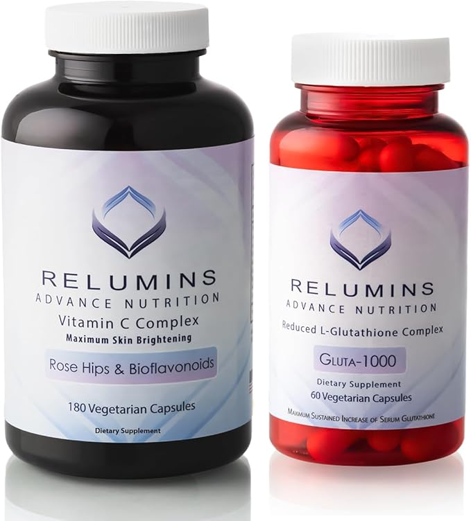 Relumins Glutathione and Vitamin C Brightening Bundle – 1000mg Reduced Glutathione Complex with Alpha Lipoic Acid & Rose HIPS (60 Capsules) + Advanced Vitamin C MAX Skin Brightening Complex with Rose