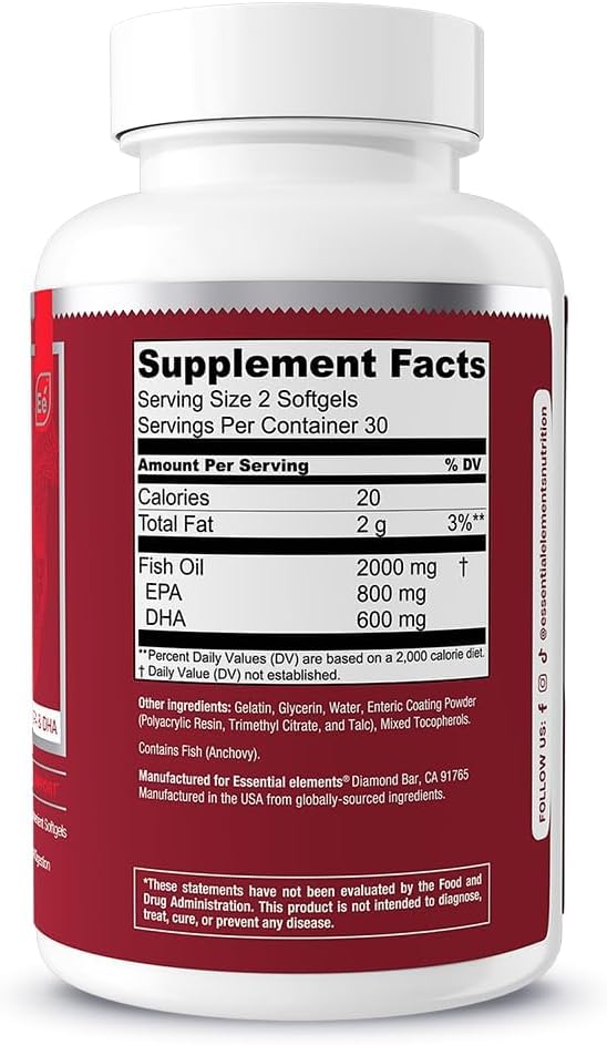 Essential Elements Omega-3 Fish Oil Supplement with EPA & DHA | Fatty Acids for Immune, Heart & Cognitive Support | Omega-3 Fish Oil 120 Softgels (2-Pack)