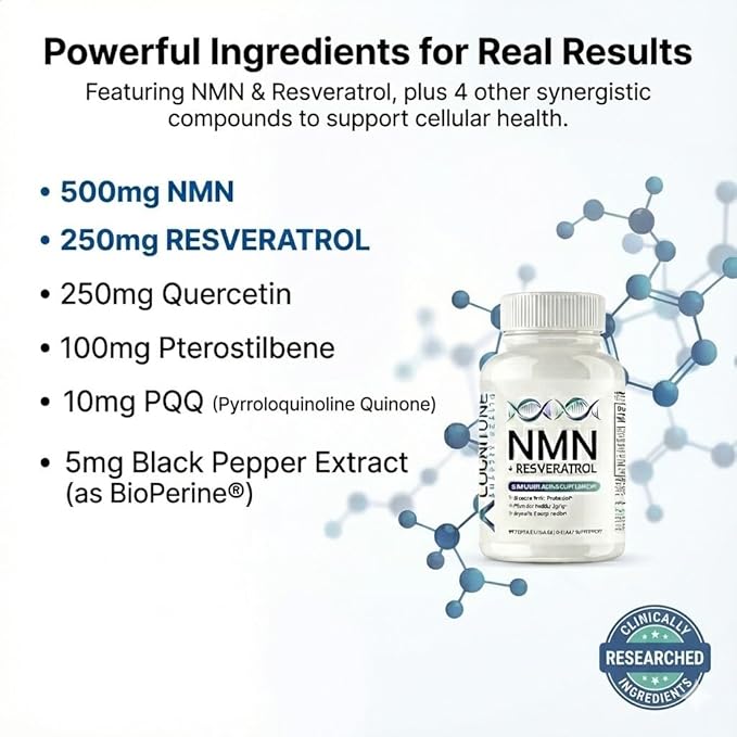 CogniTune NMN Supplement - NMN with Resveratrol, Pterostilbene, Quercetin, Zinc & PQQ for NAD+ Cellular Energy - Longevity Support for Healthy Aging & Brain Function, 1115mg