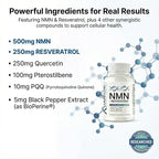 CogniTune NMN Supplement - NMN with Resveratrol, Pterostilbene, Quercetin, Zinc & PQQ for NAD+ Cellular Energy - Longevity Support for Healthy Aging & Brain Function, 1115mg