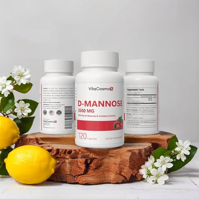 D-Mannose with Cranberry Extract, Vegan Capsules 120 Count 3500 mg Blend, 100% Vegetarian, Non-GMO & Gluten Free